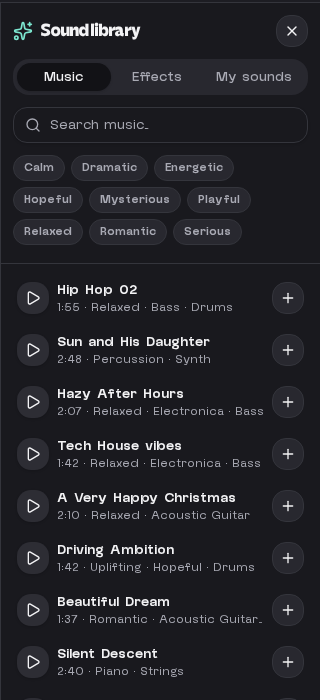 The sound library panel showing music organised by mood