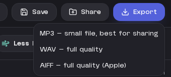 The Export menu open with MP3, WAV, and AIFF choices