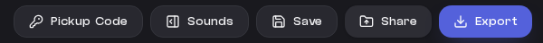 The Pickup Code, Sounds, Save, Share, and Export buttons in the studio top bar