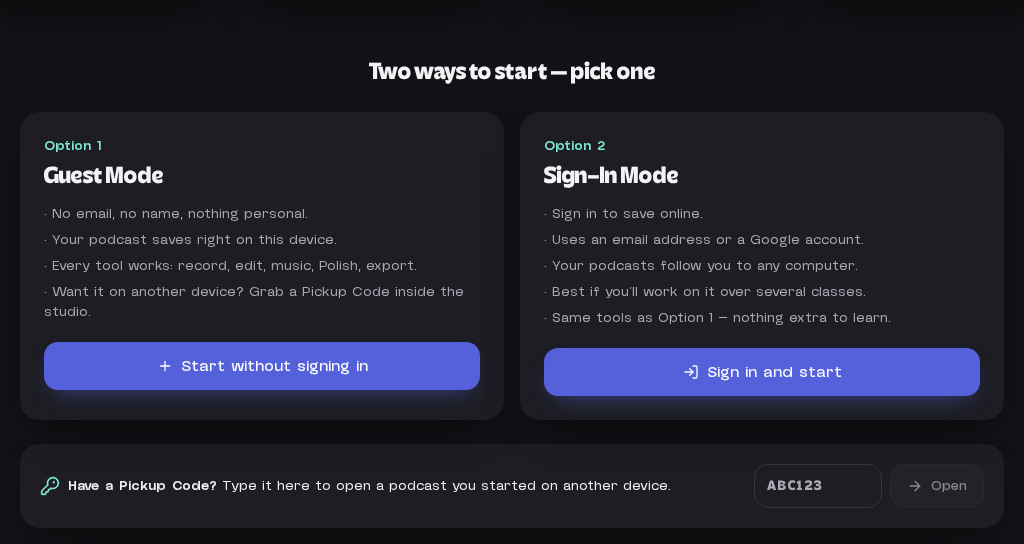 Two start options on the home page: Guest Mode and Sign-In Mode